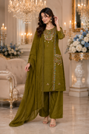 2202EM Olive Royale Roman Glass Satin Embroidered Palazzo Suit Set 2202EM-445-MHND