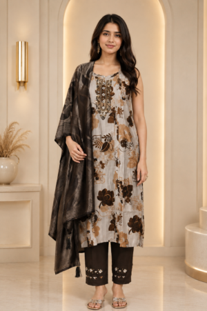 1441EM Mocha Bloom Vertecol Discharge Foil Print Suit Set 1441EM-445-BWN