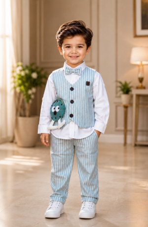 2421LN Boys Premium Cotton Lycra 3-Piece Pant Suit Set | Sky Blue Party Wear 2421LN-29-GRN