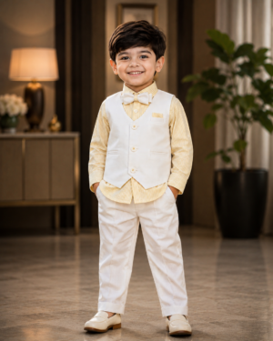 2538LN Boys Premium Cotton Lycra 3-Piece Pant Suit Set | Elegant White & Yellow Party Wear 2538LN-29-YLW