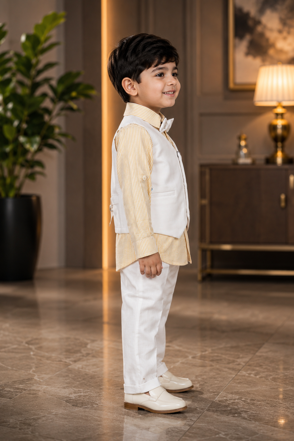 2538LN Boys Premium Cotton Lycra 3-Piece Pant Suit Set | Elegant White & Yellow Party Wear 2538LN-29-YLW - Image 4