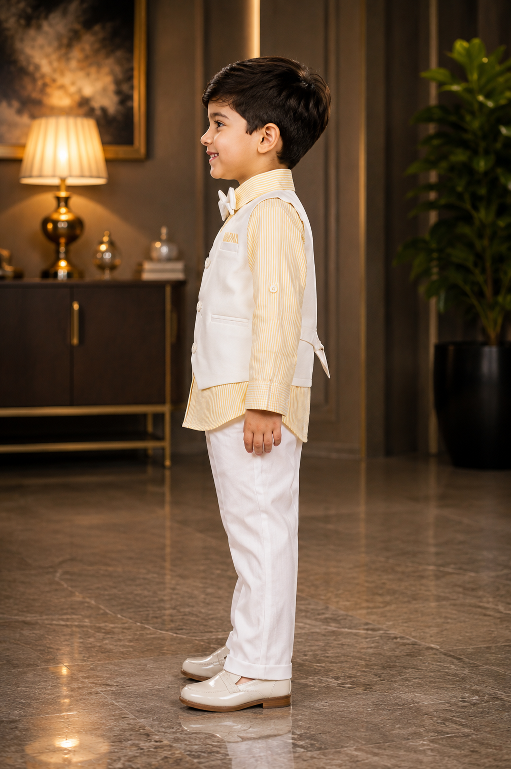 2538LN Boys Premium Cotton Lycra 3-Piece Pant Suit Set | Elegant White & Yellow Party Wear 2538LN-29-YLW - Image 2