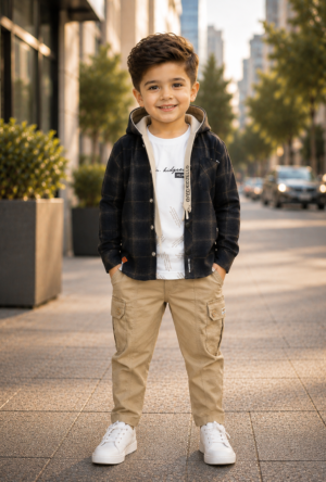 1789CH Boys Premium Cotton Lycra Hooded Shirt Set | Stylish Casual Cargo Wear 1789CH-29-NVY