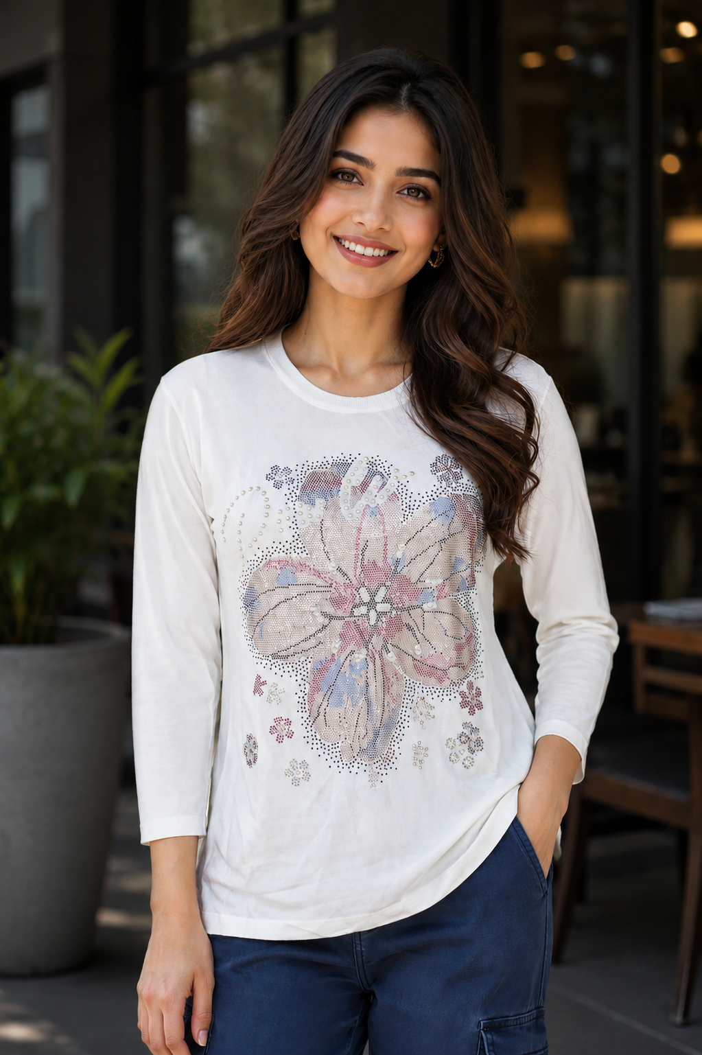 695AEM Ladies Premium Netting Designer Top | Elegant Floral Casual & Party Wear 695AEM-24-WHT