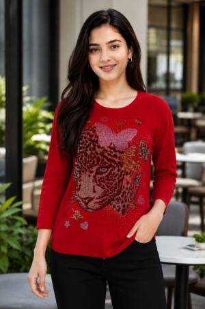 695AEM Ladies Premium Netting Designer Top | Elegant Embellished Casual & Party Wear 695AEM-24-RED