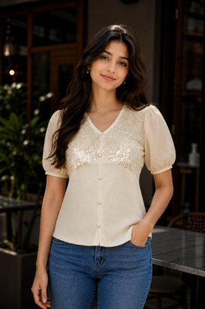 695EM Women's Premium Netting Top | Elegant Sequin Designer Top 695EM-24-CRM
