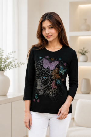 695AEM Ladies Premium Netting Designer Top | Butterfly & Leopard Print Casual Wear 695AEM-24-BLK