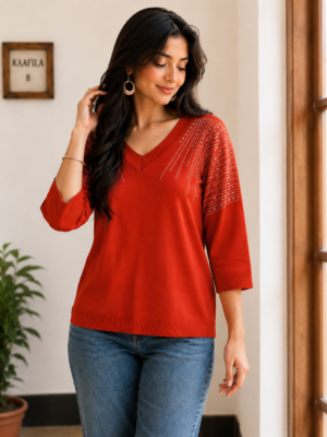 745AEM Women's Premium Netting Top | Elegant Red V-Neck Designer Top 745AEM-24-ORG