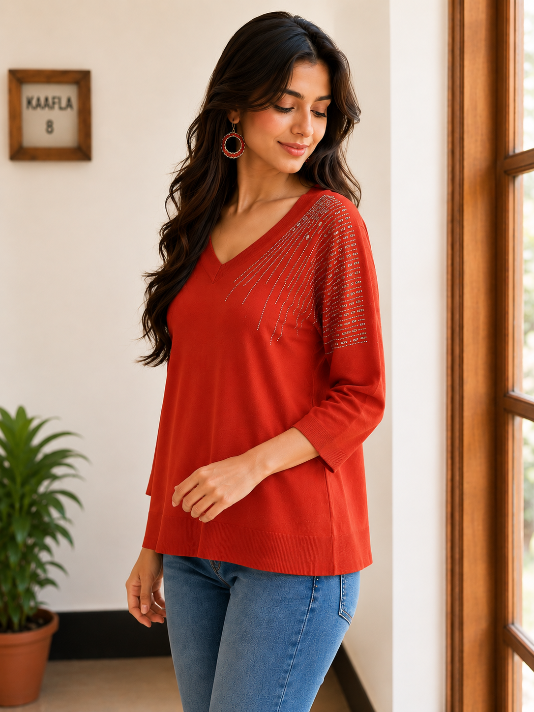 745AEM Women's Premium Netting Top | Elegant Red V-Neck Designer Top 745AEM-24-ORG - Image 4