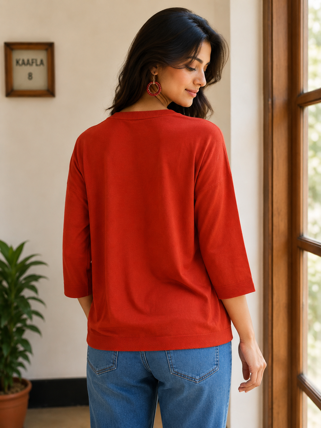 745AEM Women's Premium Netting Top | Elegant Red V-Neck Designer Top 745AEM-24-ORG - Image 3