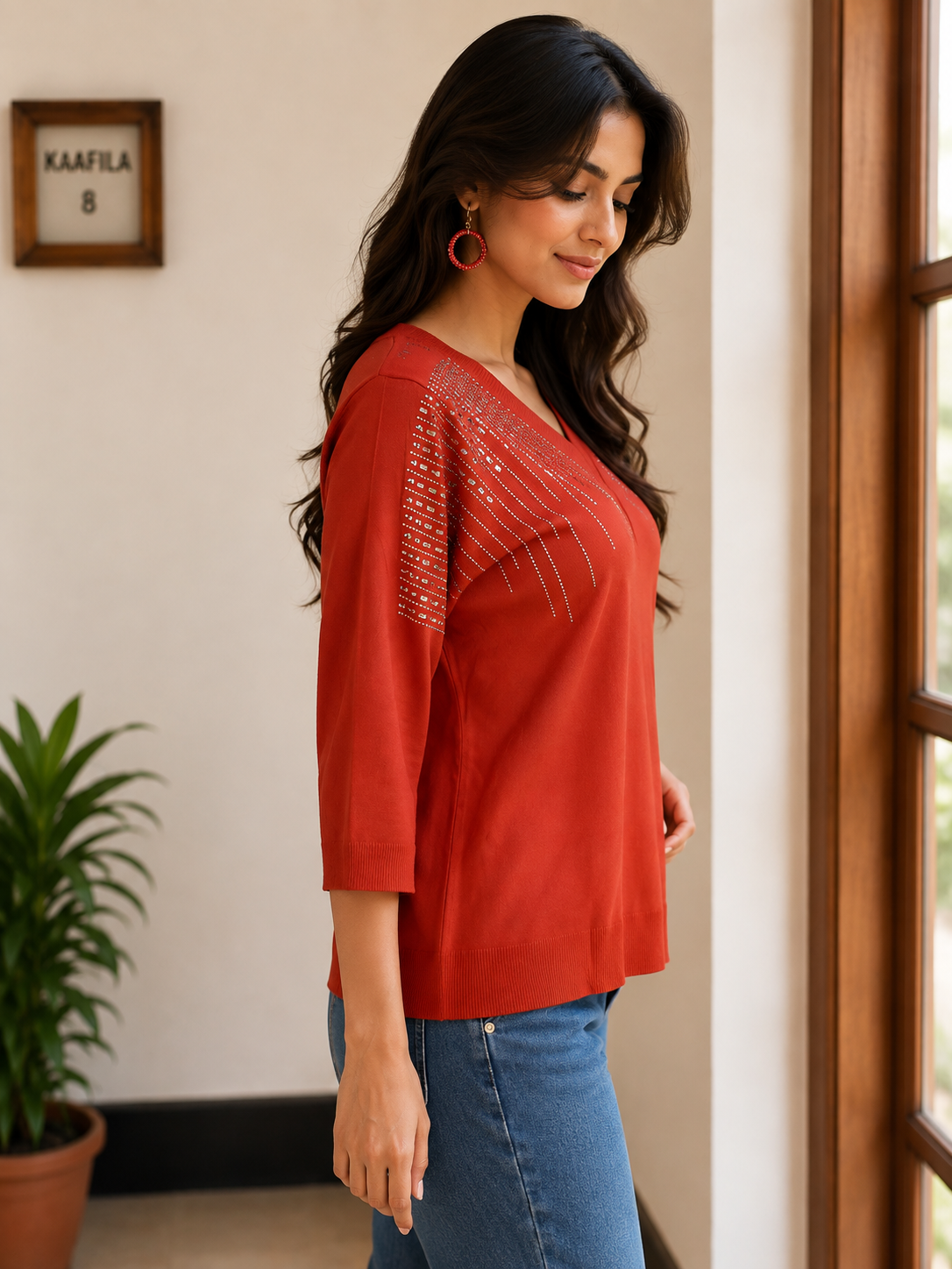 745AEM Women's Premium Netting Top | Elegant Red V-Neck Designer Top 745AEM-24-ORG - Image 2