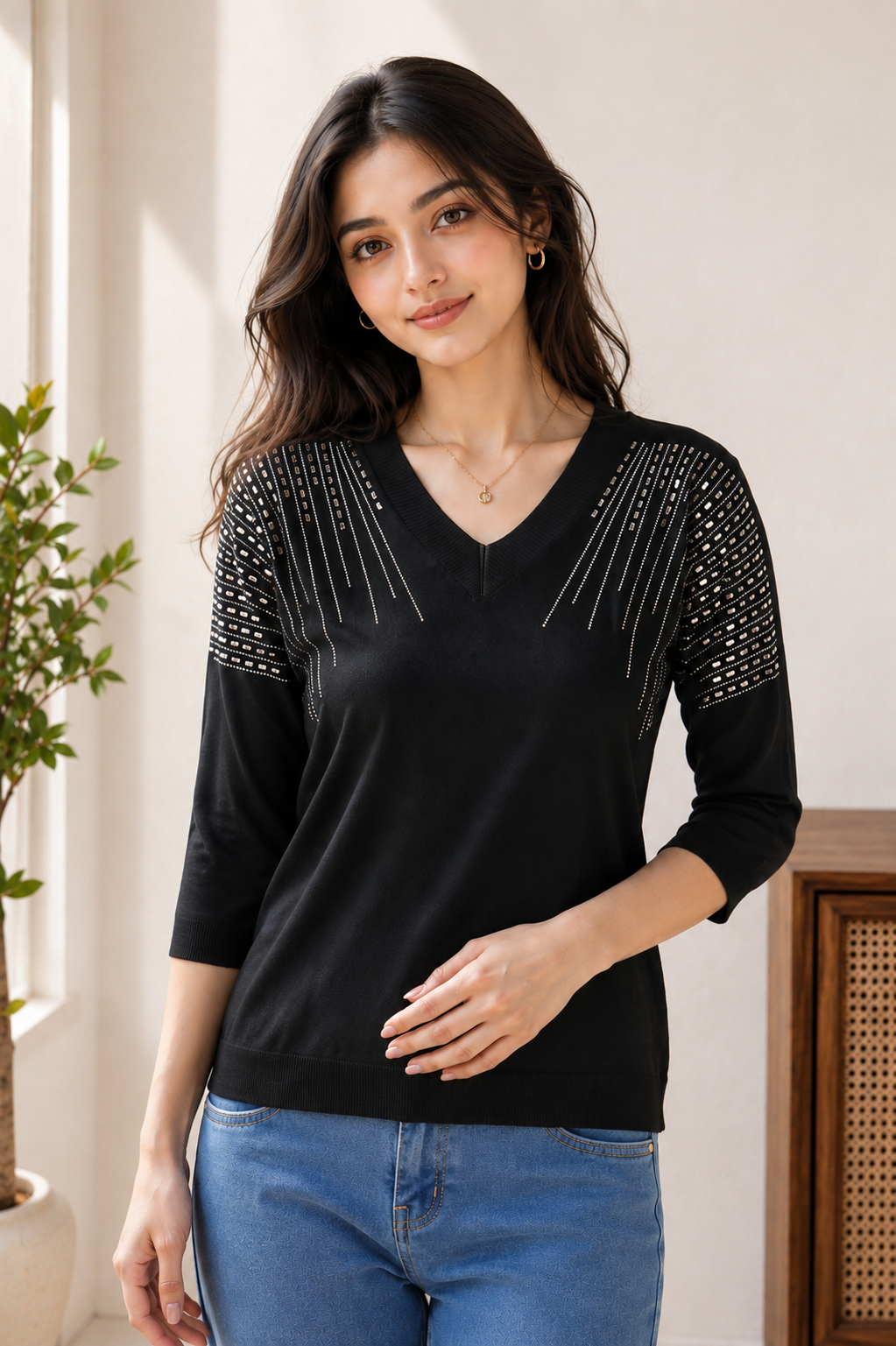 745AEM Women's Premium Netting Top | Elegant Black V-Neck Designer Top 745AEM-24-BLK