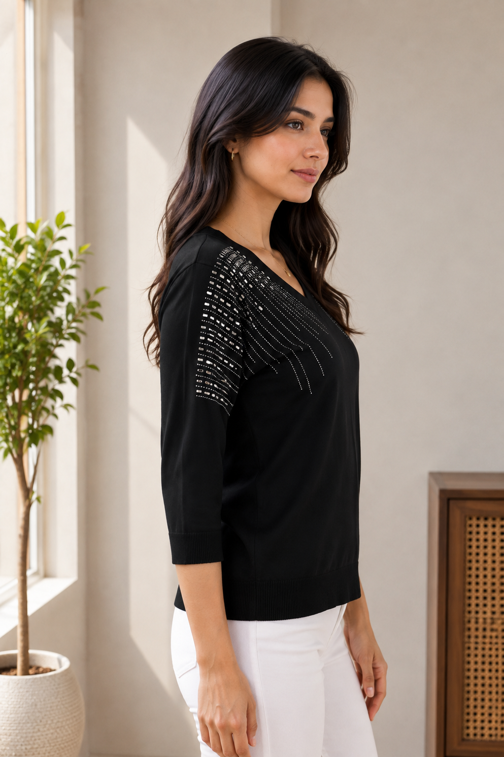 745AEM Women's Premium Netting Top | Elegant Black V-Neck Designer Top 745AEM-24-BLK - Image 3
