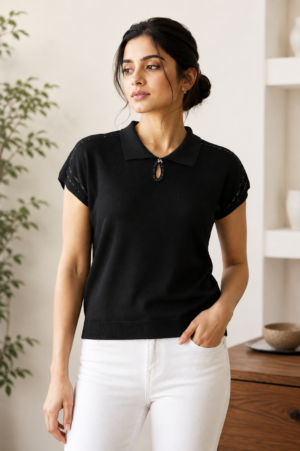 845PL Women’s Premium Netting Black Collared Keyhole Casual Top 845PL-24-BLK
