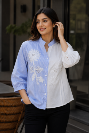 895BLN Women’s Premium Cotton Color-Block Embroidered Top – Blue & White 895BLN-24-BLU