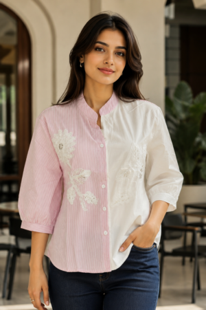 895BLN Women’s Premium Cotton Pink & White Embroidered Color-Block Shirt Top 895BLN-24-PNK