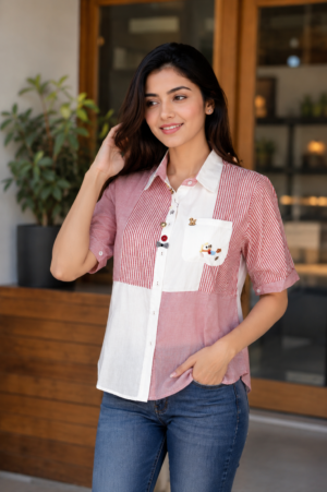 895BLN Women’s Premium Cotton Red & White Color-Block Striped Casual Shirt Top 895BLN-24-RED