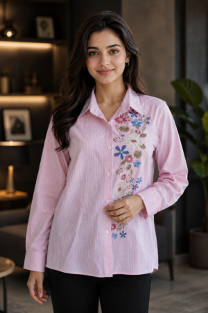 945LN Women’s Pink Cotton Floral Embroidered Full-Sleeve Shirt Top 945LN-24-PNK