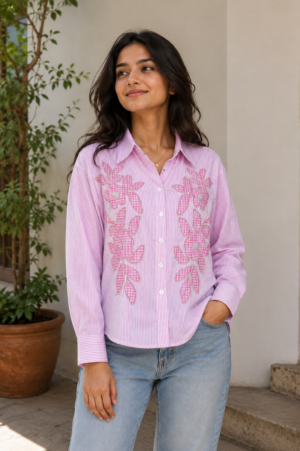 1045LN Women’s Pink Cotton Floral Embroidered Button-Down Shirt Top 1045LN-24-PNK