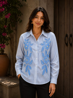 1045LN Women’s Blue Cotton Floral Embroidered Button-Down Shirt Top 1045LN-24-BLU