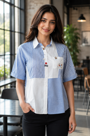895BLN Women’s Premium Cotton Blue & White Colour-Block Striped Casual Shirt Top 895BLN-24-BLU