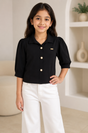 T1115PL Girls’ Black Imported Fabric Collared Button-Down Top with Puff Sleeves T1115PL-218-BLK