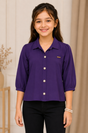 T1115PL Girls’ Purple Imported Fabric Collared Button-Down Top with Puff Sleeves T1115PL-218-PPL