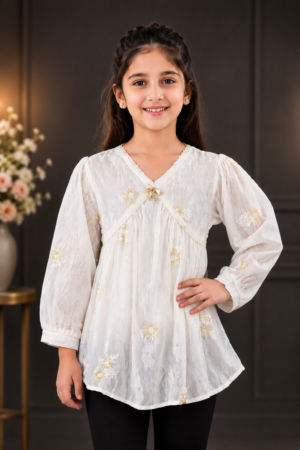 T1116PT Premium Girls’ Imported Lace Embroidered Top – Elegant White Designer Top T1116PT-218-CRM