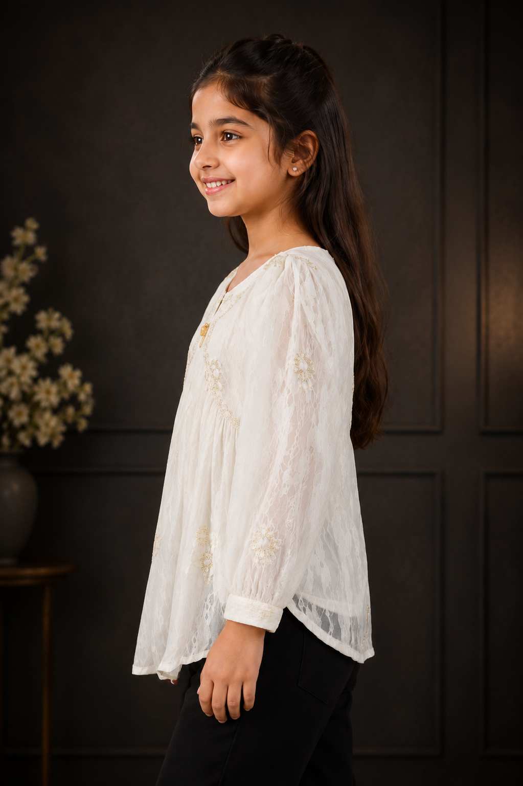 T1116PT Premium Girls’ Imported Lace Embroidered Top – Elegant White Designer Top T1116PT-218-CRM - Image 4