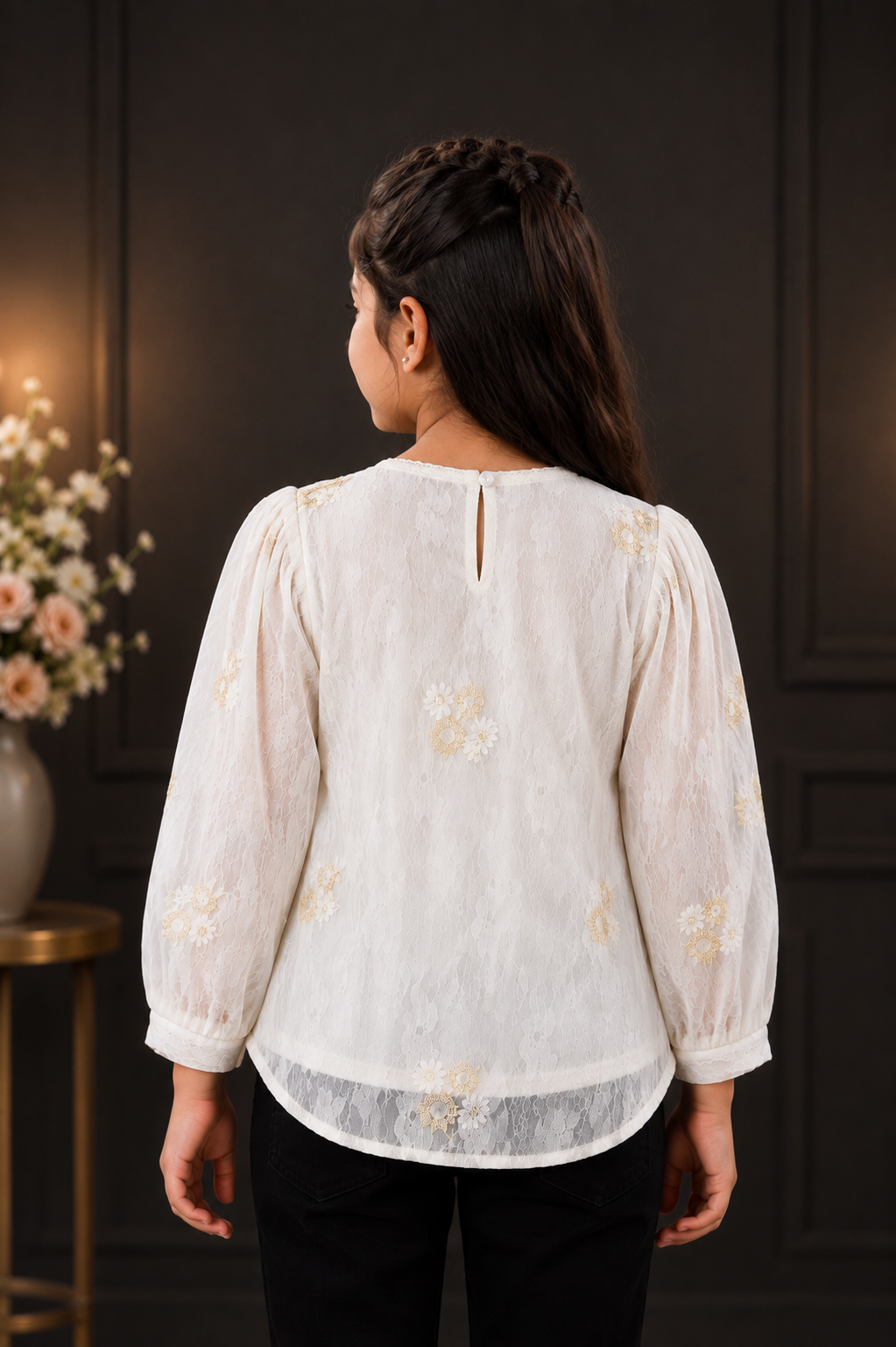 T1116PT Premium Girls’ Imported Lace Embroidered Top – Elegant White Designer Top T1116PT-218-CRM - Image 3