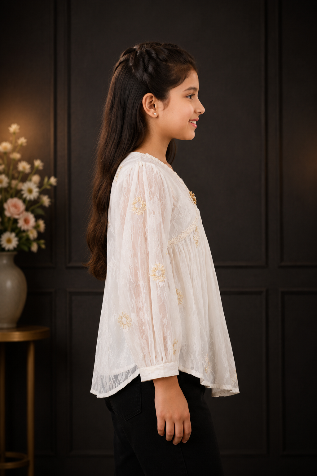 T1116PT Premium Girls’ Imported Lace Embroidered Top – Elegant White Designer Top T1116PT-218-CRM - Image 2