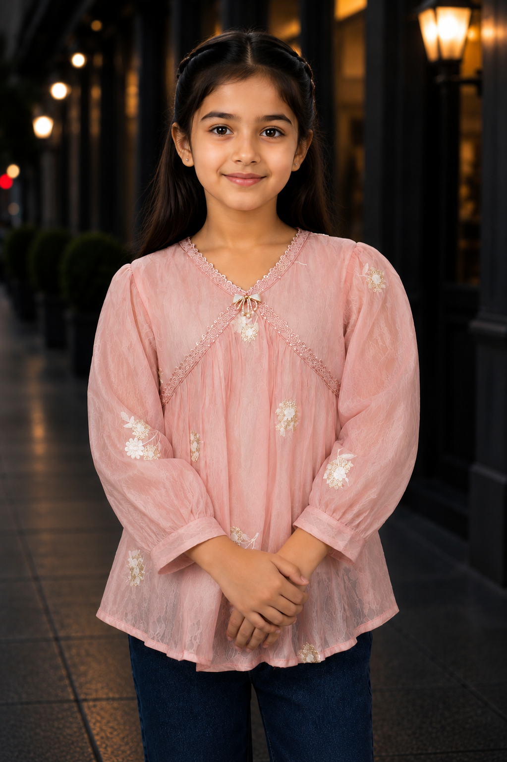 T1116PT Premium Imported Girls’ Embroidered Flared Top – Elegant Peach Pink Party Wear T1116PT-218-PCH