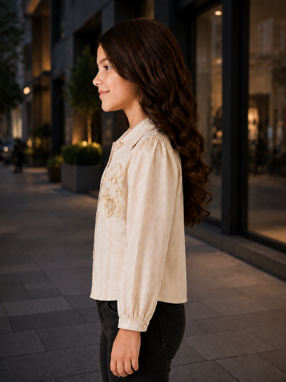 T1121EM Premium Girls Imported Fabric Floral Embellished Shirt Top – Elegant Cream T1121EM-218-FWN - Image 3
