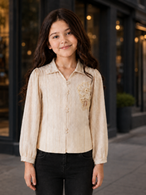 T1121EM Premium Girls Imported Fabric Floral Embellished Shirt Top – Elegant Cream T1121EM-218-FWN