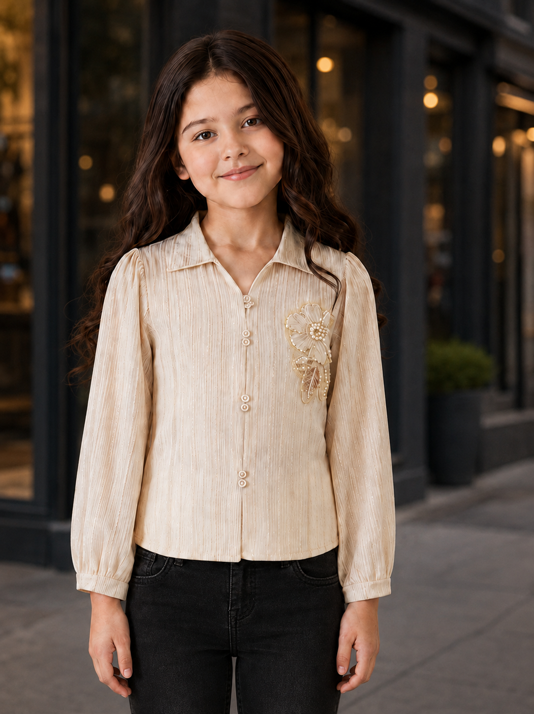 T1121EM Premium Girls Imported Fabric Floral Embellished Shirt Top – Elegant Cream T1121EM-218-FWN