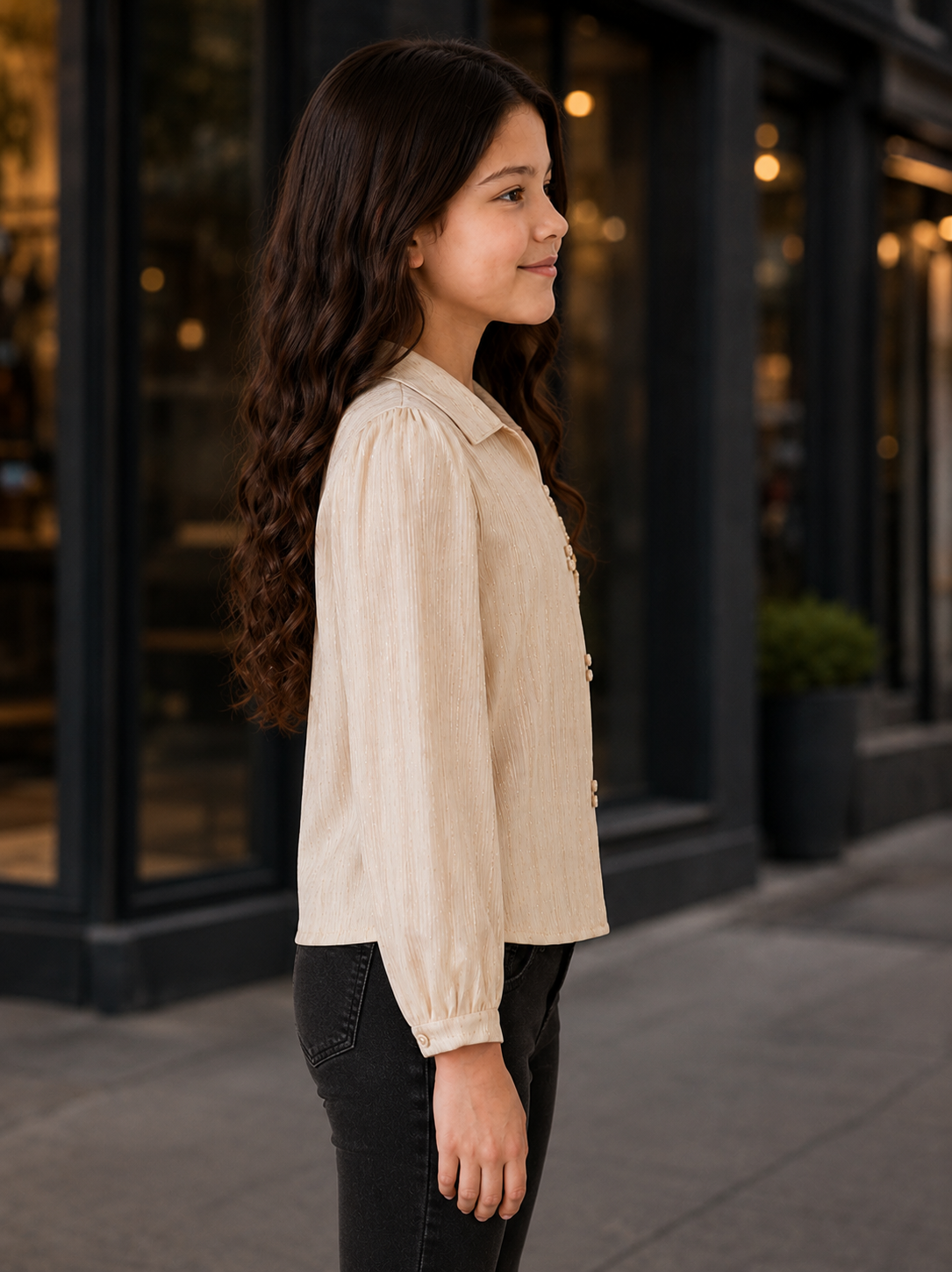 T1121EM Premium Girls Imported Fabric Floral Embellished Shirt Top – Elegant Cream T1121EM-218-FWN - Image 2