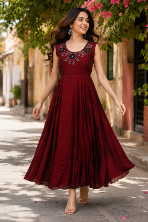 1275EM Ladies Imported Fabric Gown – Elegant Embroidered Flared Gown 1275EM-441-MRN