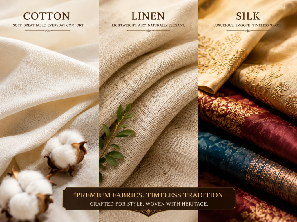 Cotton linen and silk fabrics used for men's kurta pajama