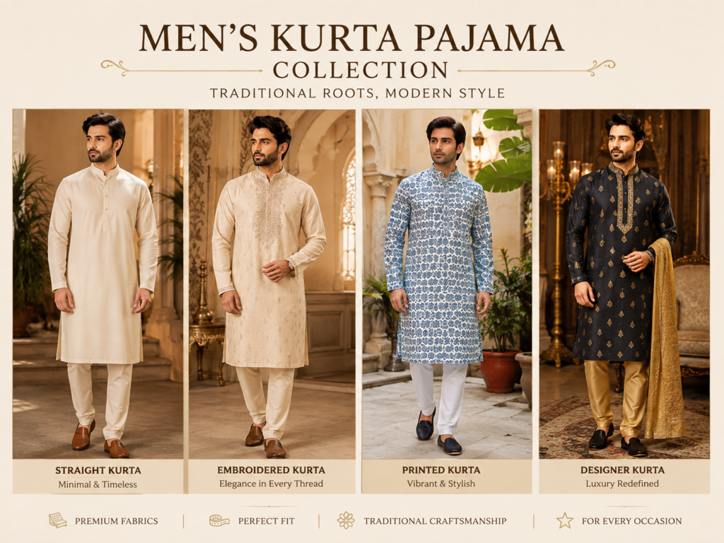 Different styles of kurta pajama for men including designer and traditional designs