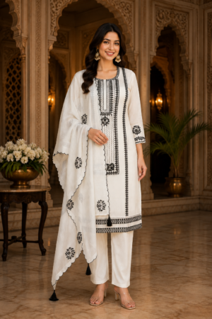 8868EM Premium Cotton Embroidery Fabric – Elegant Black Thread Work & Breathable Ethnic Dress Material 8868EM-369-OFF WHT