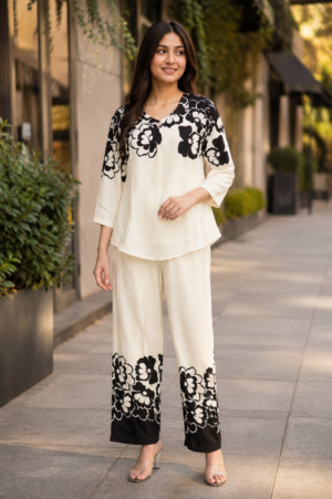 12315FL Premium Imported Fabric Co-ord Set – Stylish Floral Print & Contemporary Comfort 12315FL-369-CRM