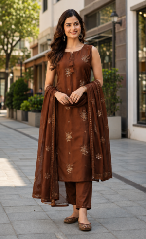 6124EM Premium Roman Silk Fabric – Rich, Smooth & Elegant Designer Suit Material 6124EM-455-BWN