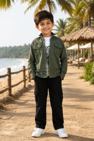 8810PL Premium Boys’ Cotton Shirt Set – Olive Green Utility Shirt with Cargo Pants 8810PL-268-D GRN