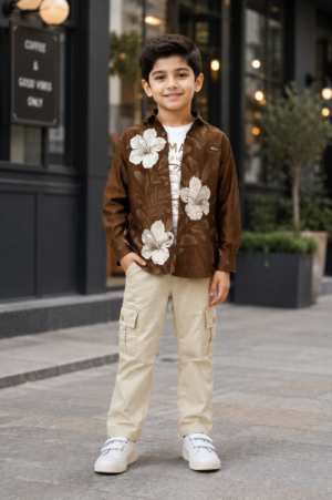 8809FL Premium Boys’ Cotton Shirt Set – Floral Print Shirt with Cargo Pants 8809FL-268-CFE