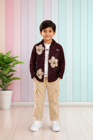 8809FL Premium Boys’ Cotton Shirt Set – Floral Print Casual Outfit with Cargo Pants 8809FL-268-MHRN