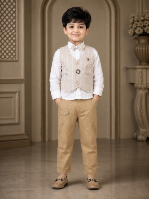 3135PL Premium Boys’ Cotton Pant Suit – Classic Beige Waistcoat Party Set 3135PL-268-FWN