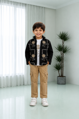 8808FL Premium Cotton Shirt Set – Floral Embroidered Smart Casual Boys’ Outfit 8808FL-268-BLK