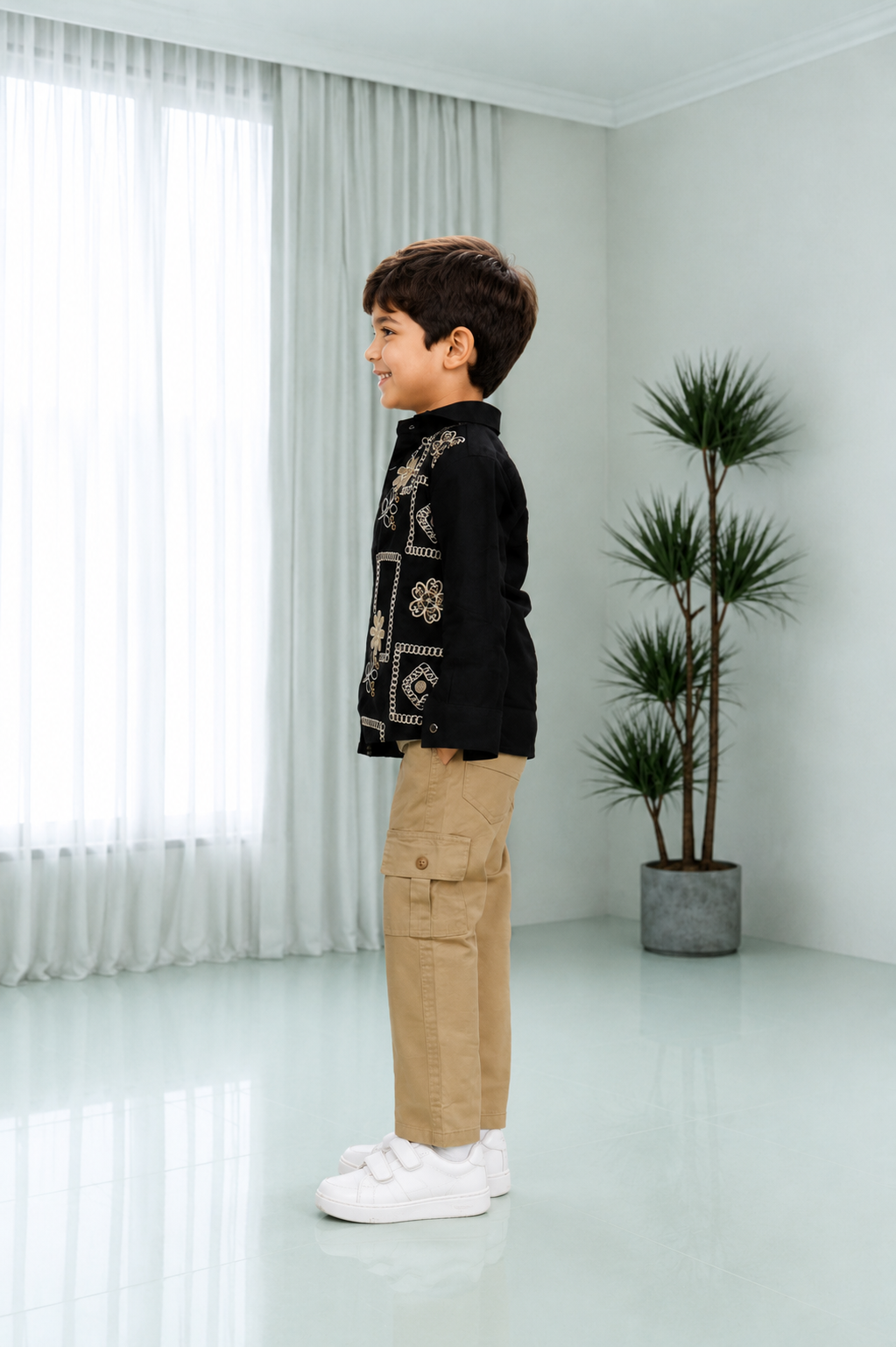 8808FL Premium Cotton Shirt Set – Floral Embroidered Smart Casual Boys’ Outfit 8808FL-268-BLK - Image 2