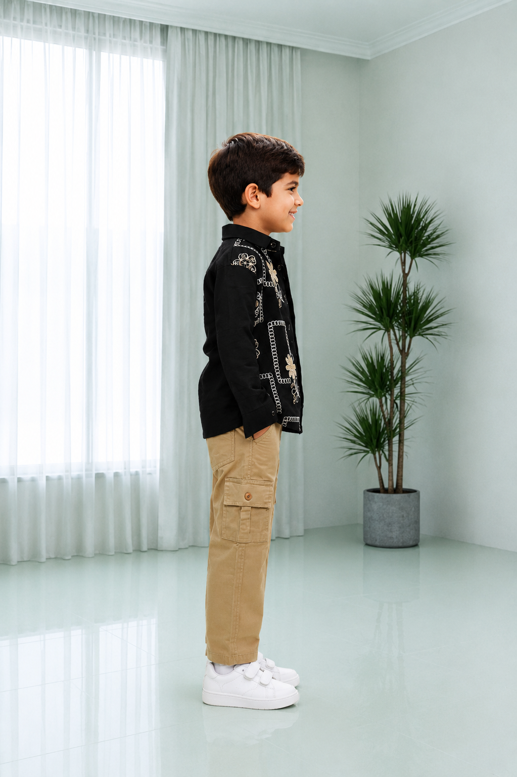 8808FL Premium Cotton Shirt Set – Floral Embroidered Smart Casual Boys’ Outfit 8808FL-268-BLK - Image 4