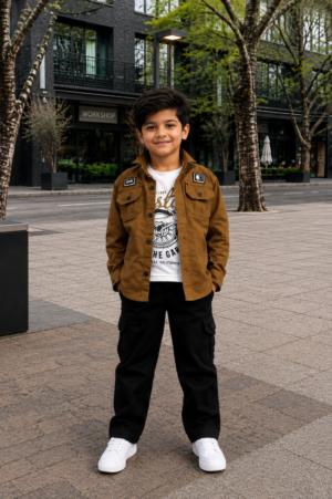 2851PL Premium Boys’ Cotton Shirt Set – Smart Casual Layered Outfit with Cargo Pants 2851PL-268-BWN